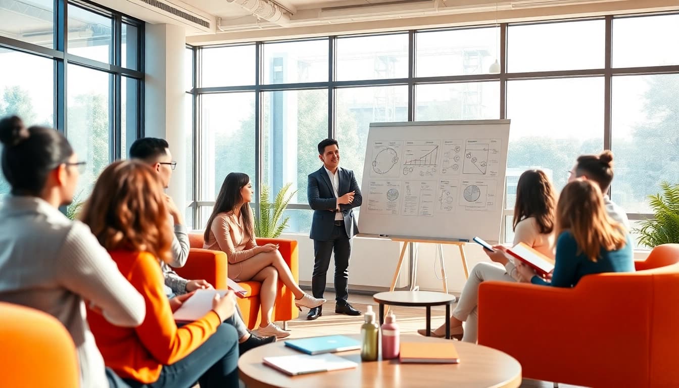 Engaging business coaching service workshop with diverse clients collaborating in a modern setting.