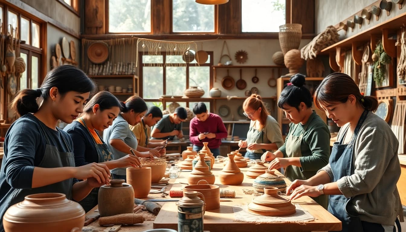 Engaged trainees actively practicing skills in a craft trainee program workshop.