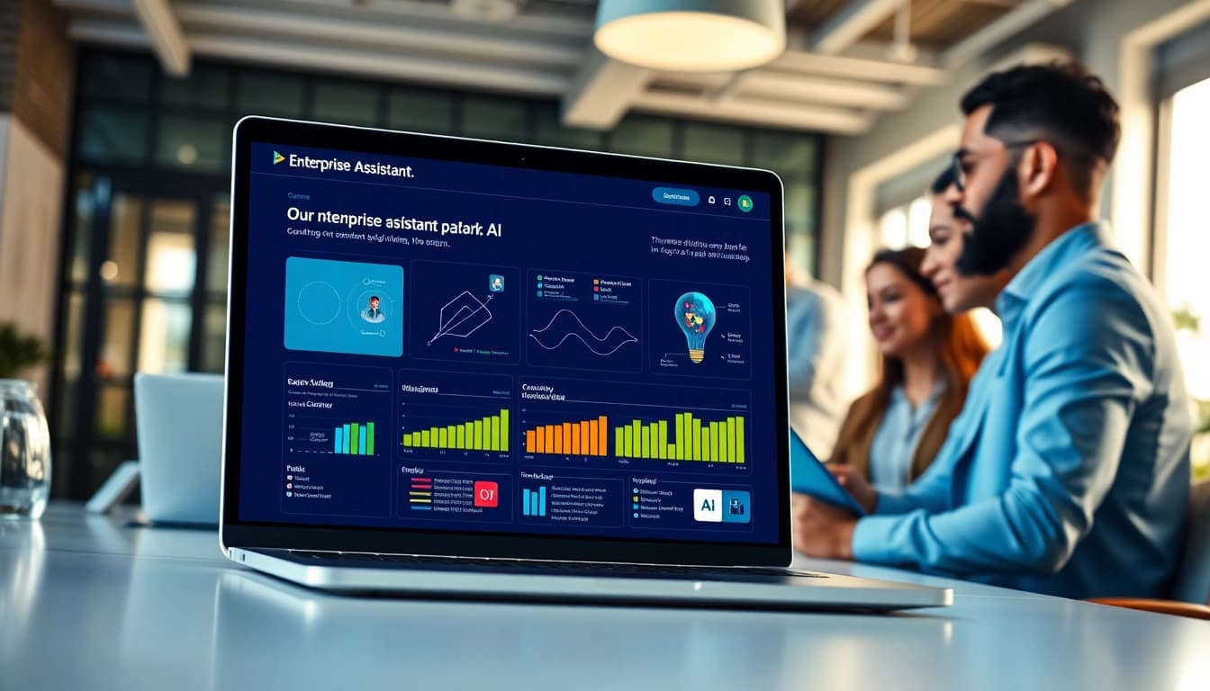 Showcasing an enterprise assistant platform in a modern office with a collaborative team engaged.