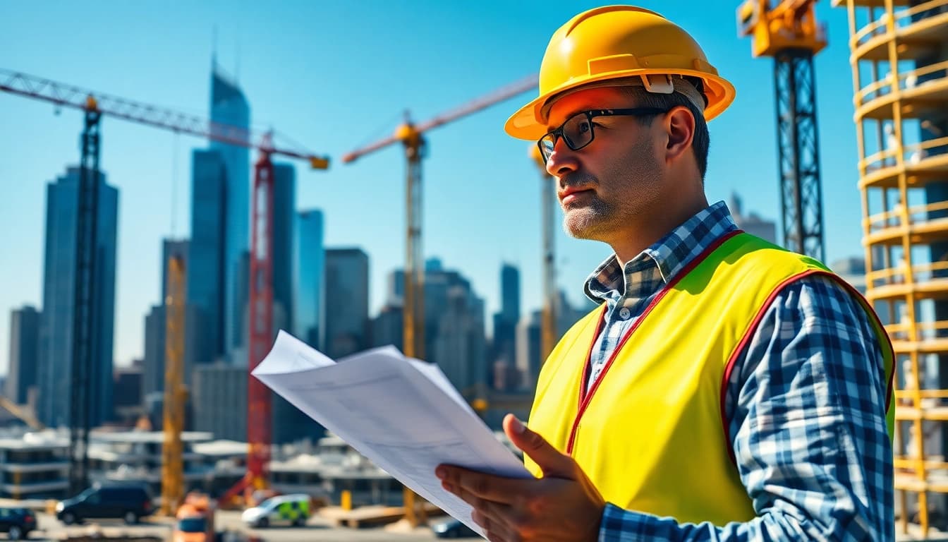 New York City Construction Manager supervising a busy construction site with buildings and cranes.