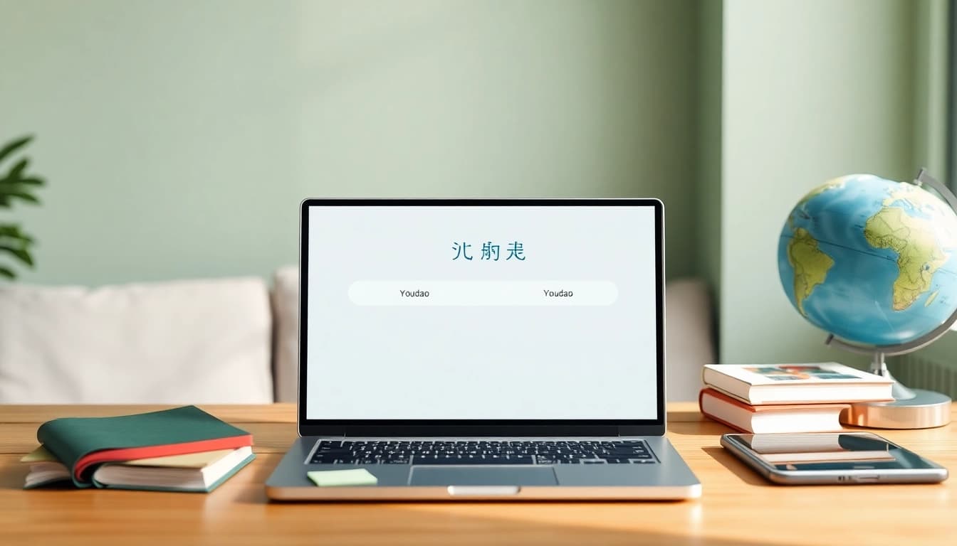 Youdao translation interface displayed on a modern laptop in a cozy study environment, symbolizing effective learning.