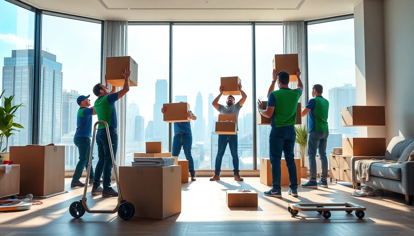 Toronto movers efficiently transporting boxes in a contemporary urban setting.