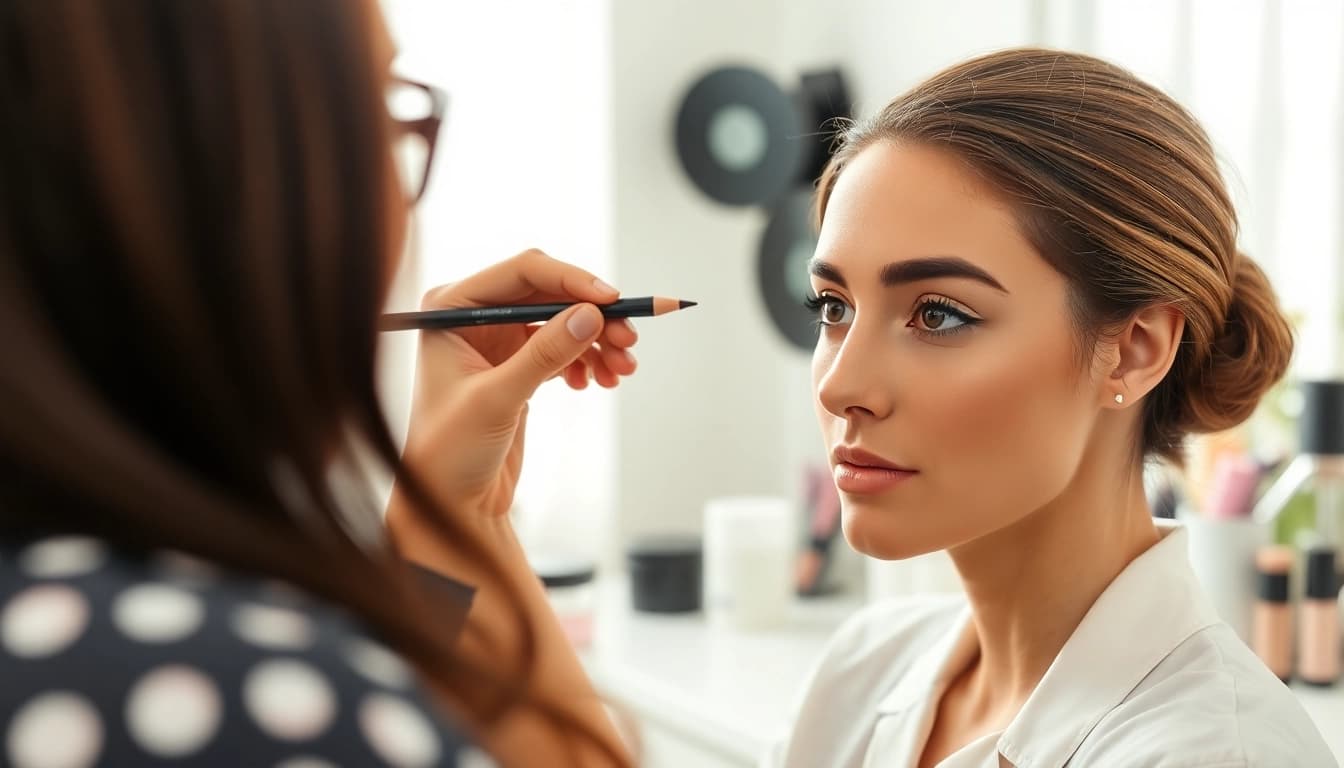 Applying pencil eyebrows for a flawless, natural look on a model.