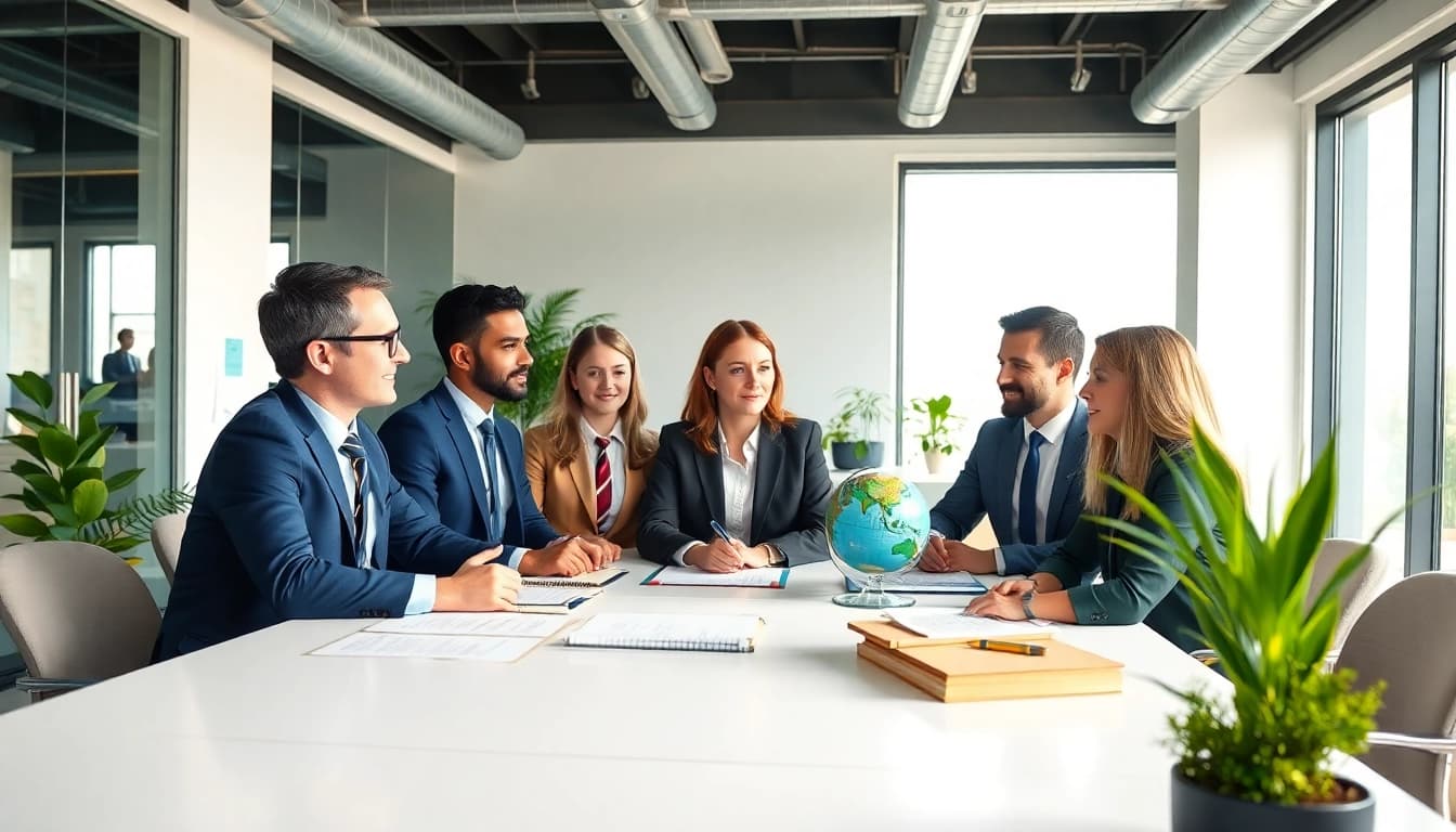 Environmental law firm team collaborating on sustainable solutions in a bright office.
