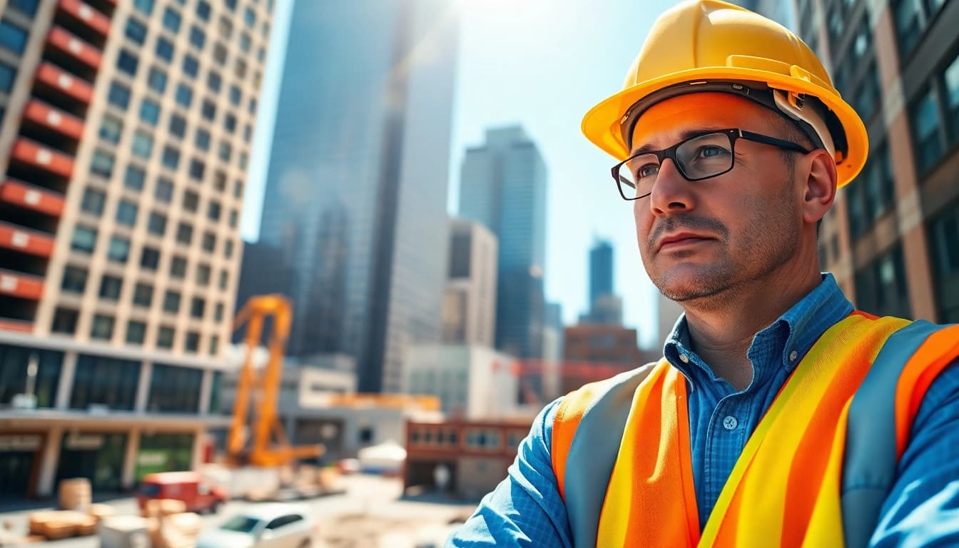 New York Construction Manager leading a team at a construction site.