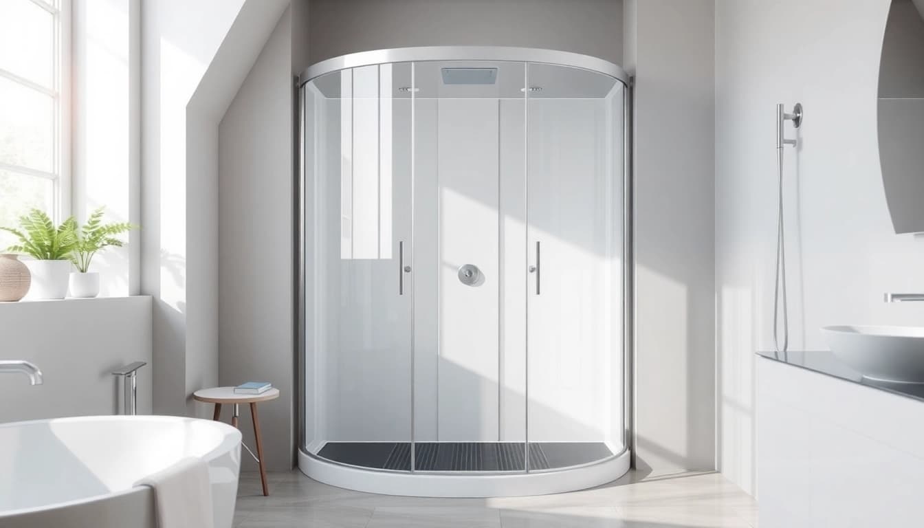 Bestehend aus einer sonni Duschkabine in einem eleganten Badezimmer, das modernes Design zeigt.