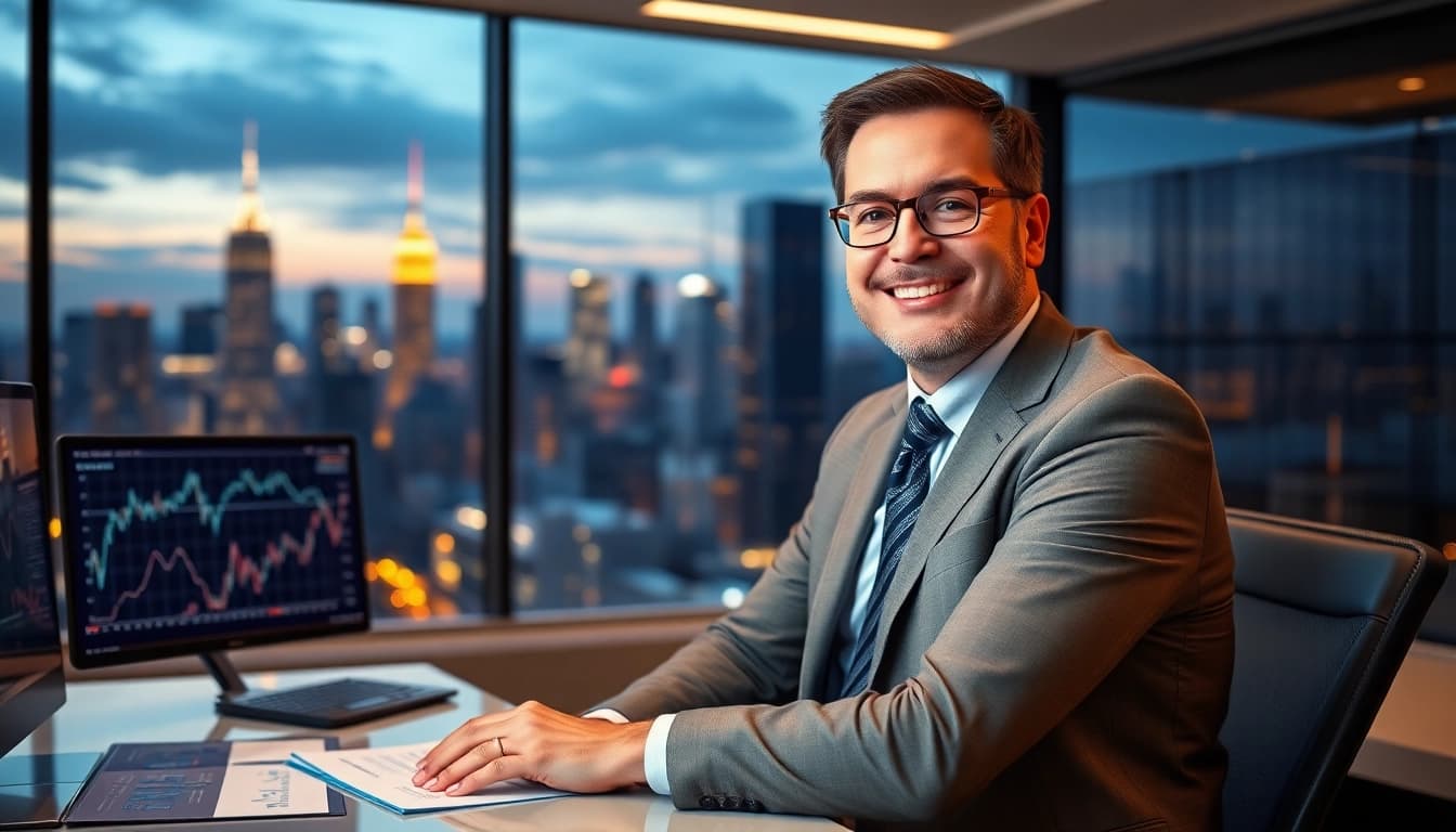 Mark Baum analyzing financial data in a modern office setting.