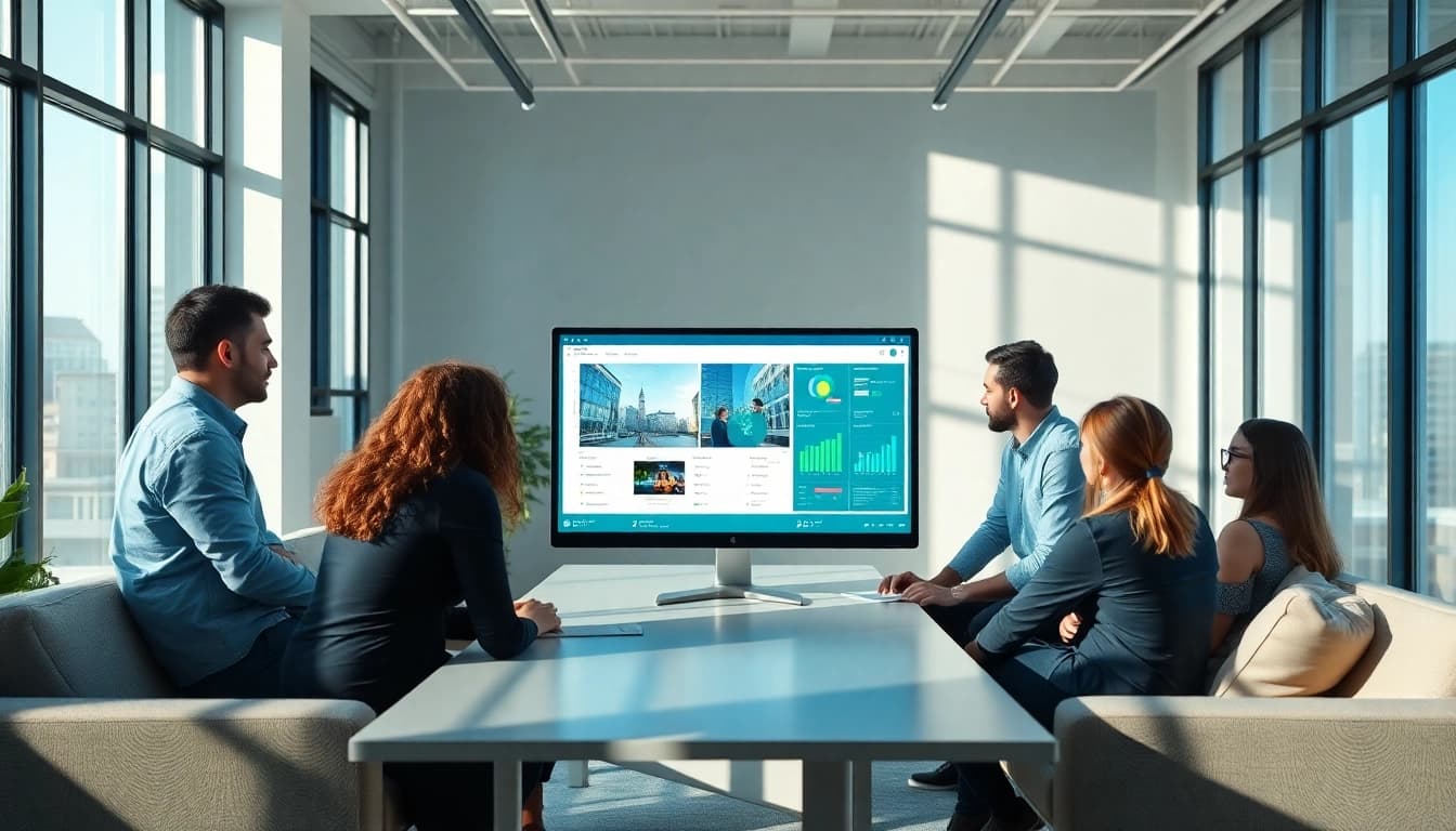 Video to promptgenerator interface in a dynamic workspace with diverse professionals.