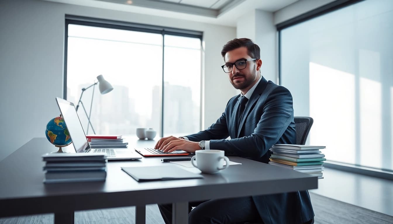 Traducteur professionnel à un bureau avec des documents, mettant en avant les services de traducteur assermenté en ligne.