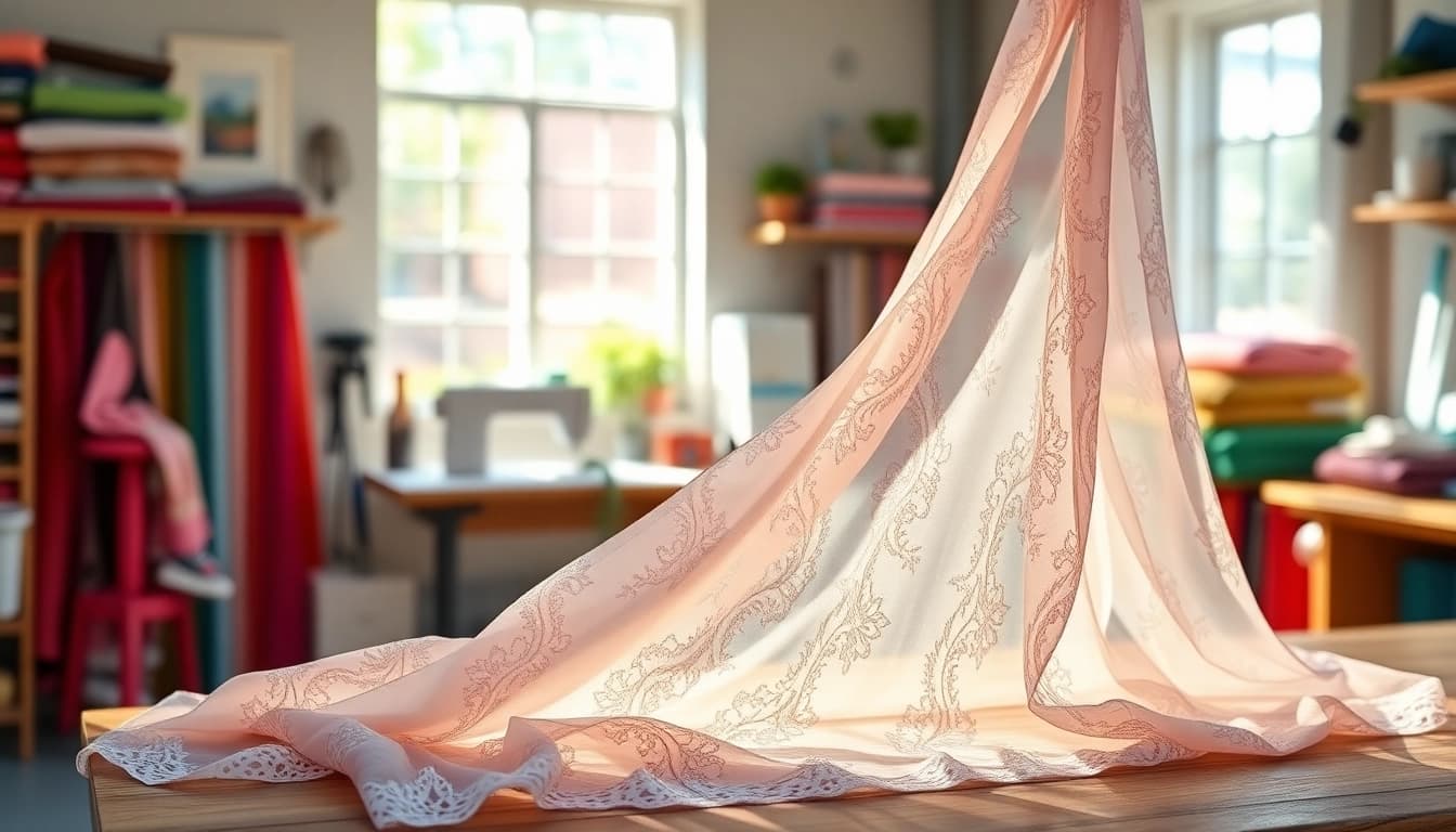 Chiffon stof met ingewikkelde patronen prachtig gedrapeerd op een houten tafel.