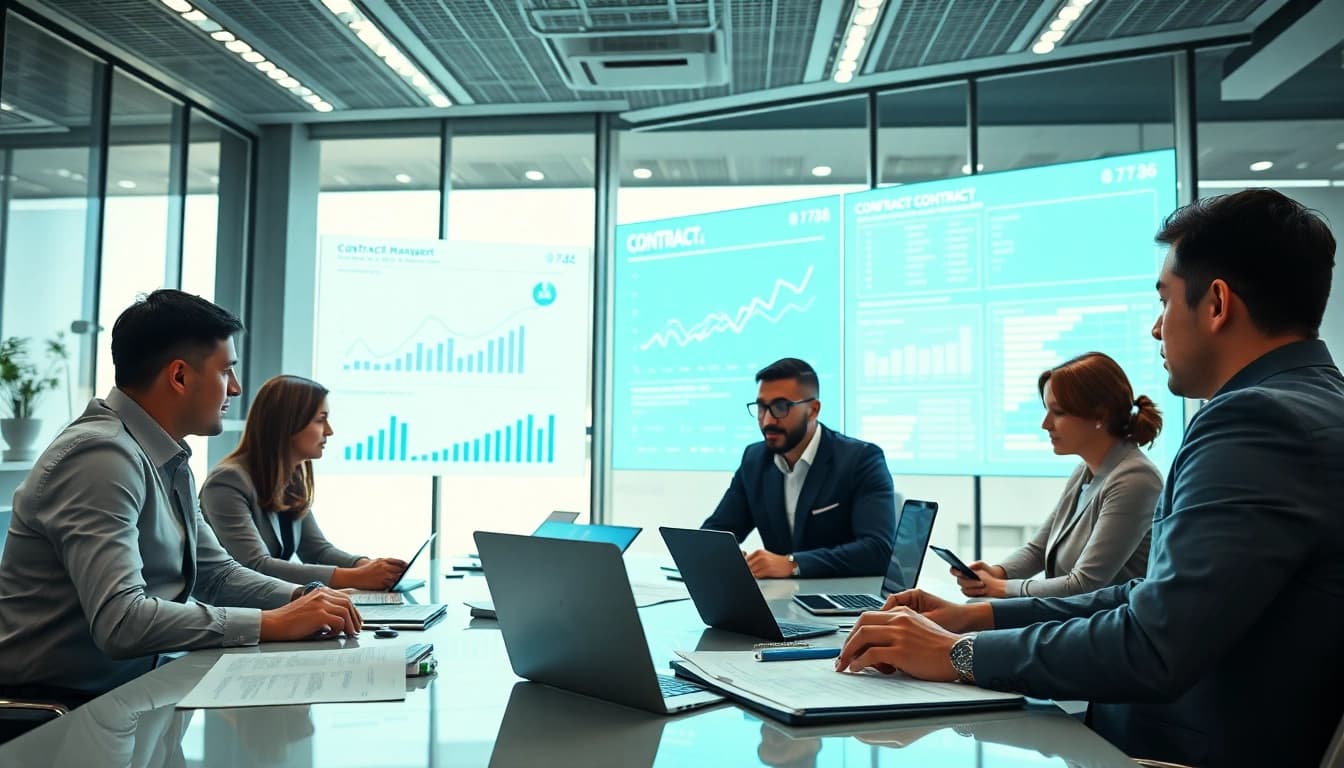 Efficient contract management team analyzing digital contracts and performance metrics.
