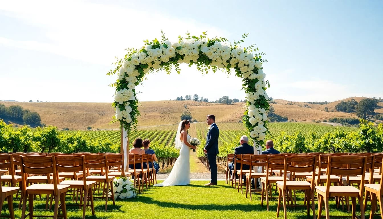 Charming setup for Clarksburg Wedding Venues featuring a floral arch and vineyard background.