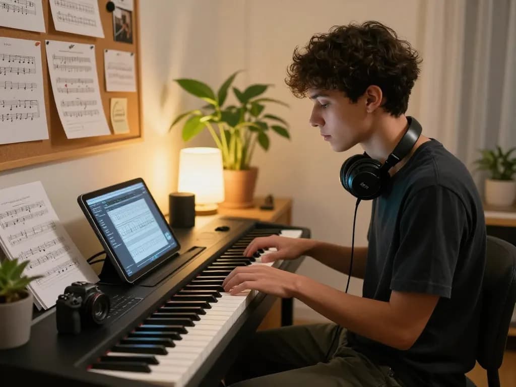 Musician exploring melodies on the go 88 digital piano in a cozy studio.