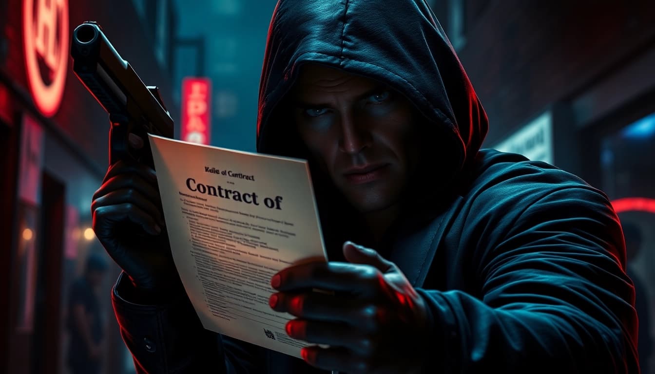 Engaging scene with Contracts and Bullets as a focal point, showcasing an assassin’s tense moment.