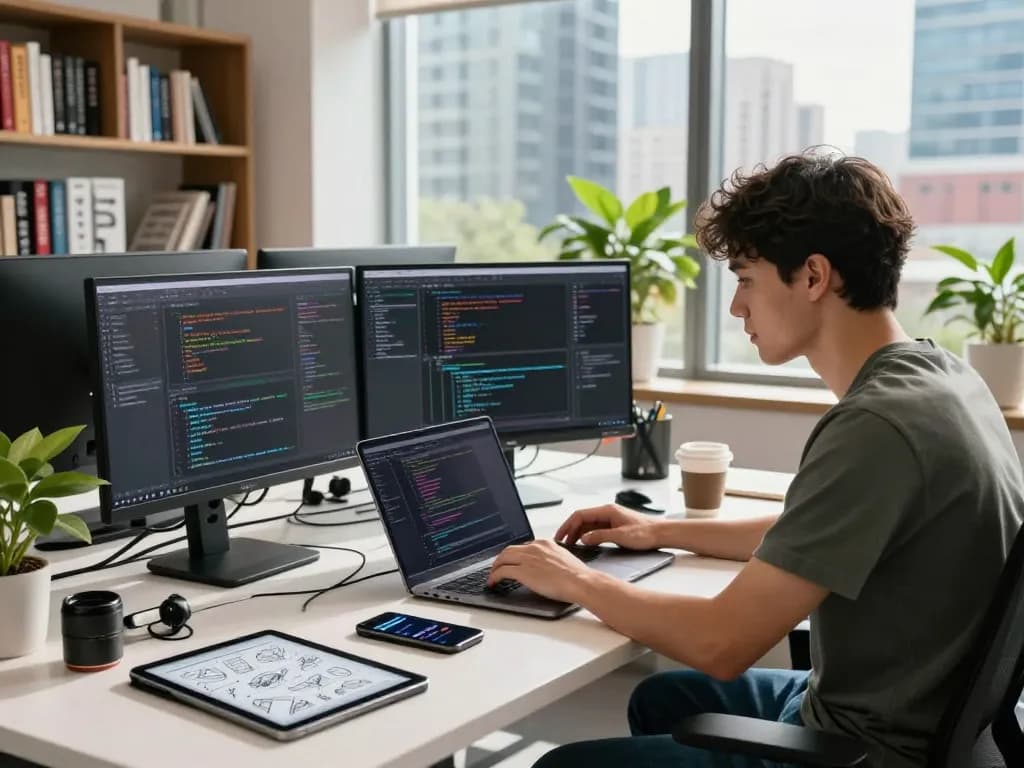 Developer focusing on the image to prompt task in a modern workspace with coding screens.