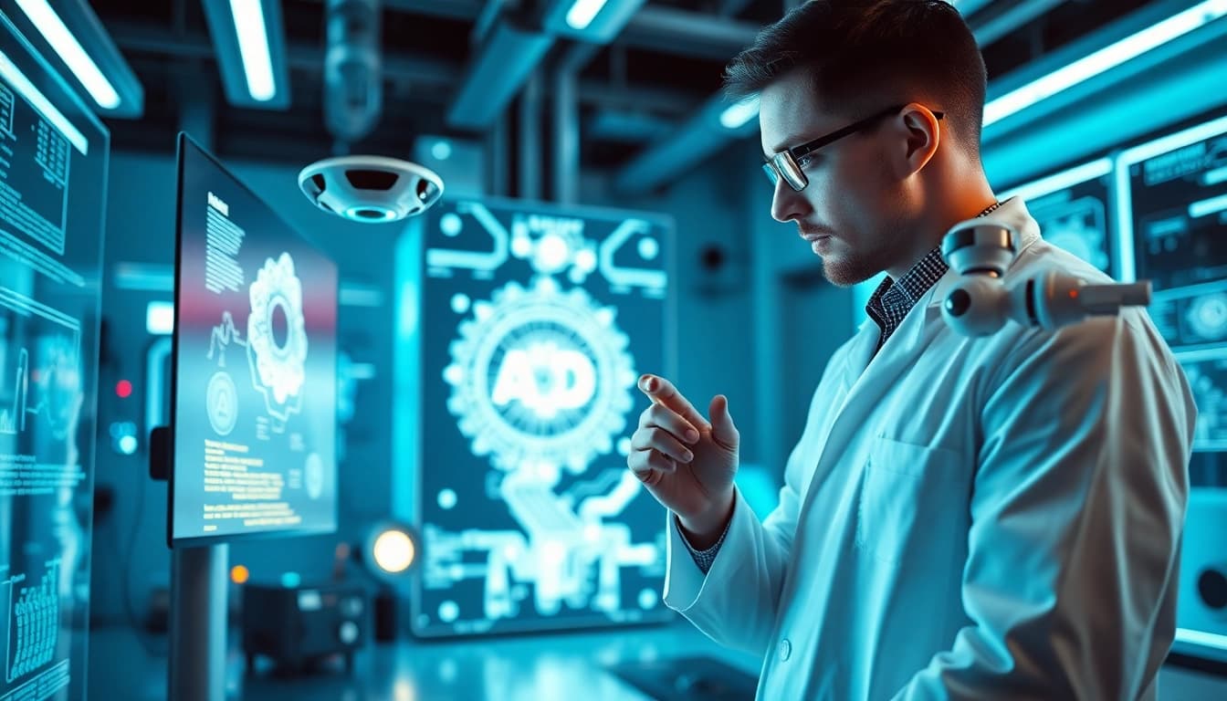 AI image prompt generator in a high-tech lab environment with a scientist and robotic assistant.