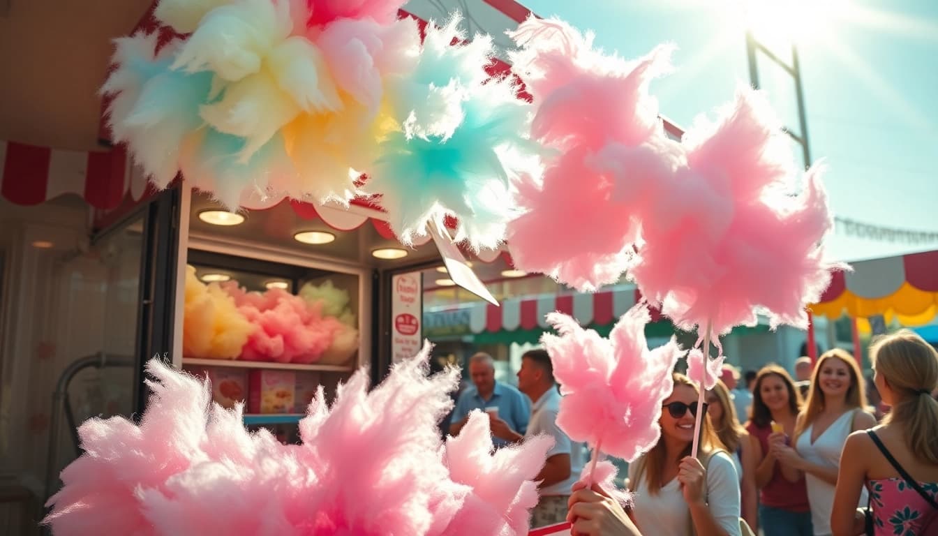 Geniet van goedkope wafelkatoen met vrolijke kleuren en een feestelijke sfeer op een buitenmarkt.