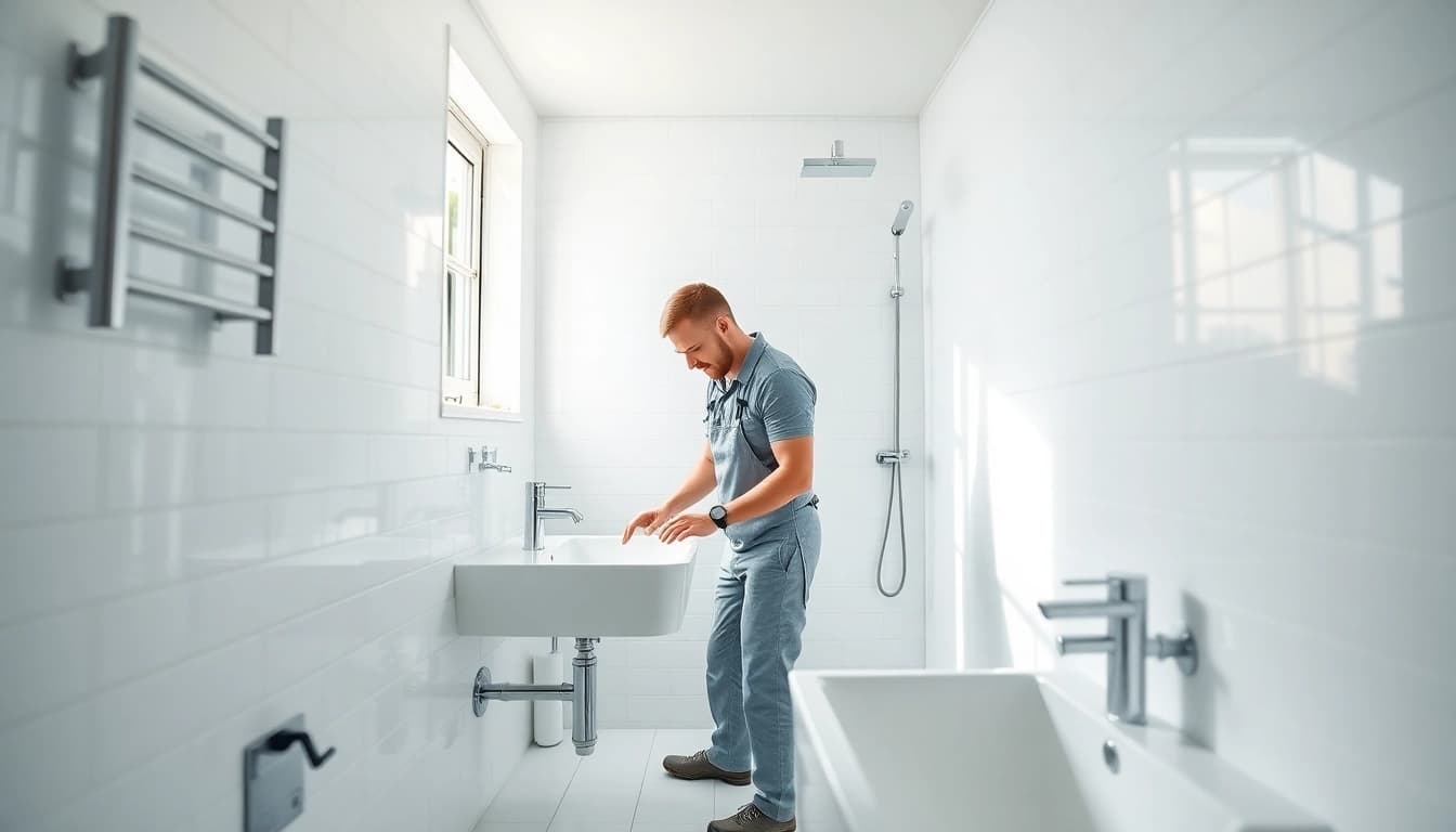 Die sonni sanitär GmbH installiert ein modernes Waschbecken, wobei ein erfahrener Techniker fokussiert arbeitet.