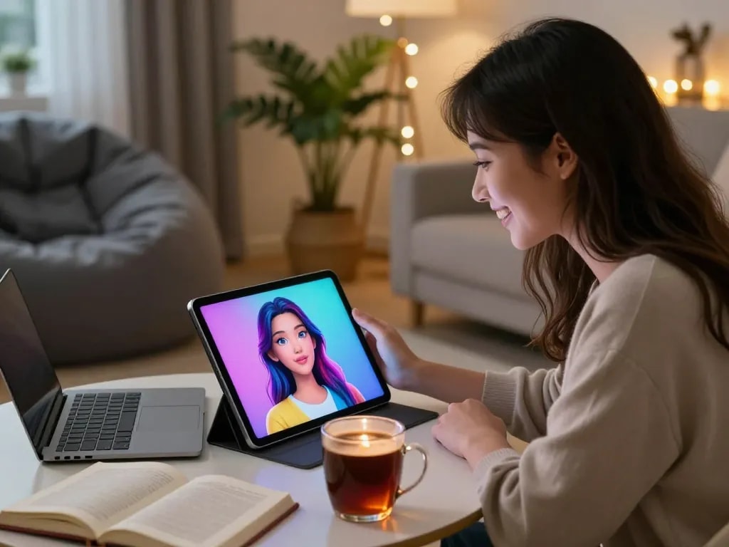 An engaging scene of a user interacting with their AI girlfriend in a cozy living room.
