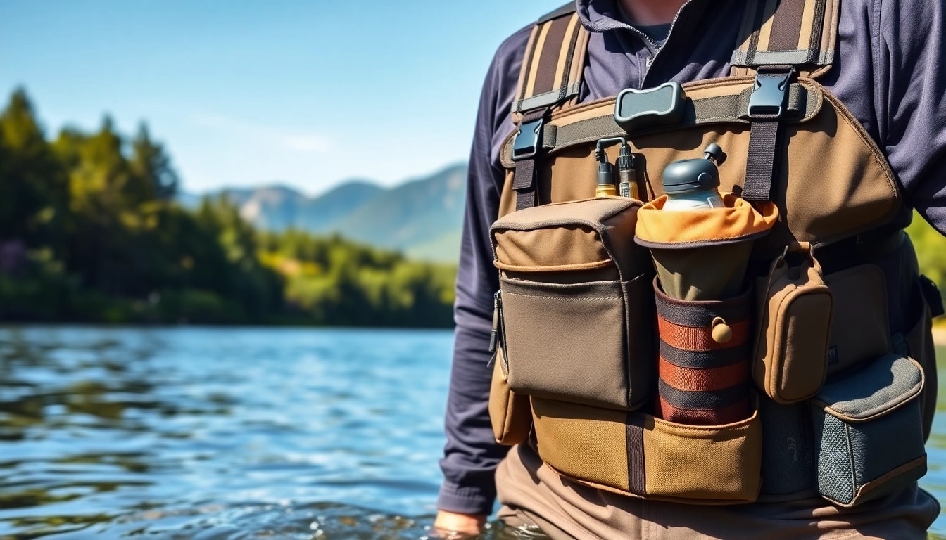 Angler utilizing a fly fishing chest pack for efficient gear organization and accessibility.