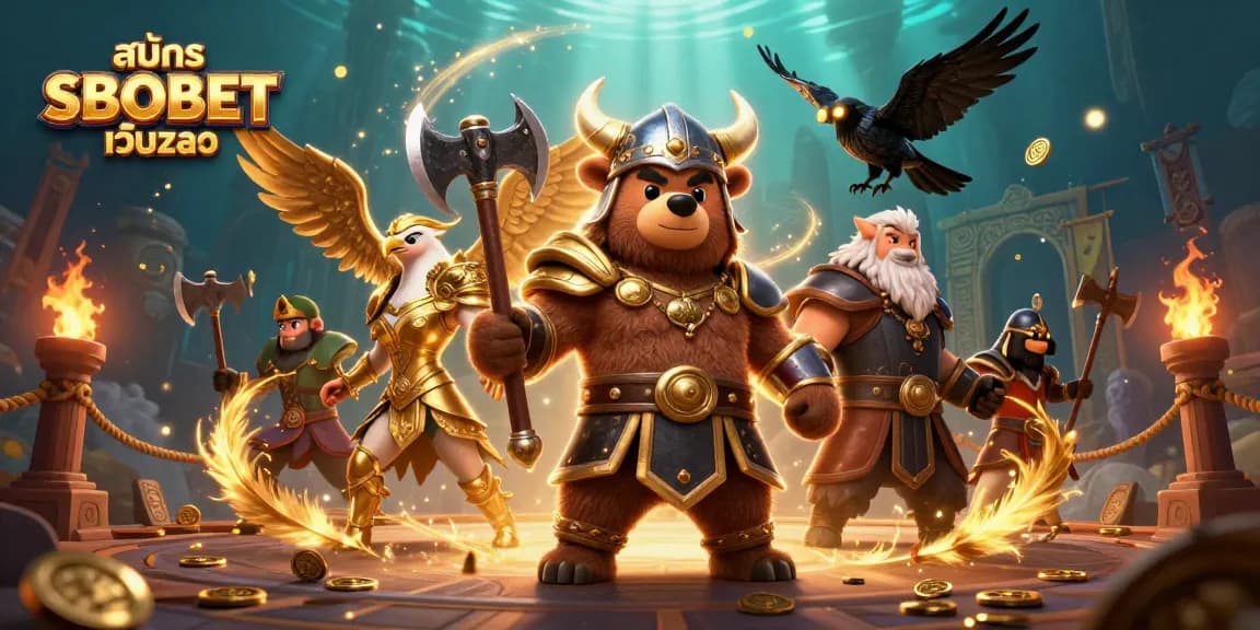 Engage with สมัคร SBOBET เว็บตรง, featuring a Viking bear, Valkyrie eagle, and runic ravens in a dynamic casino scene.