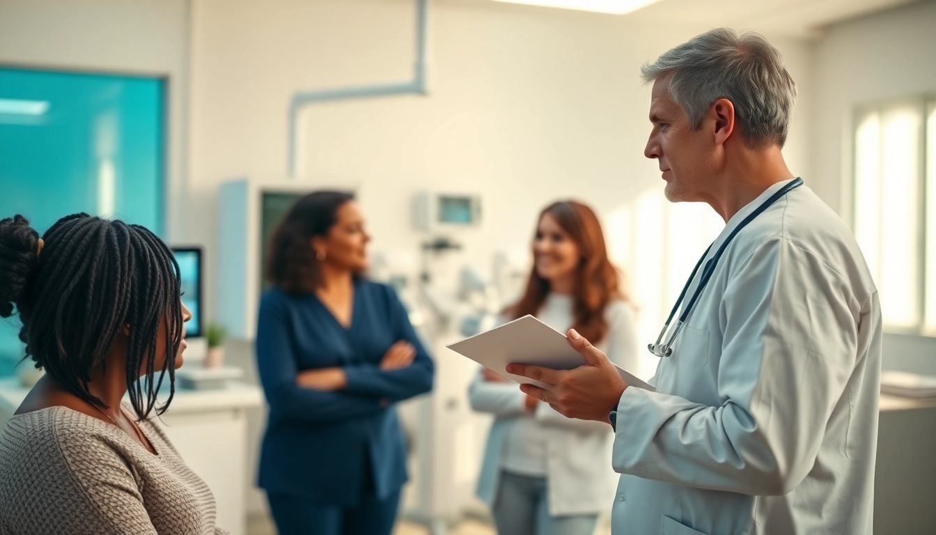 Engaging discussion on Health between a healthcare provider and patients in a bright clinic.