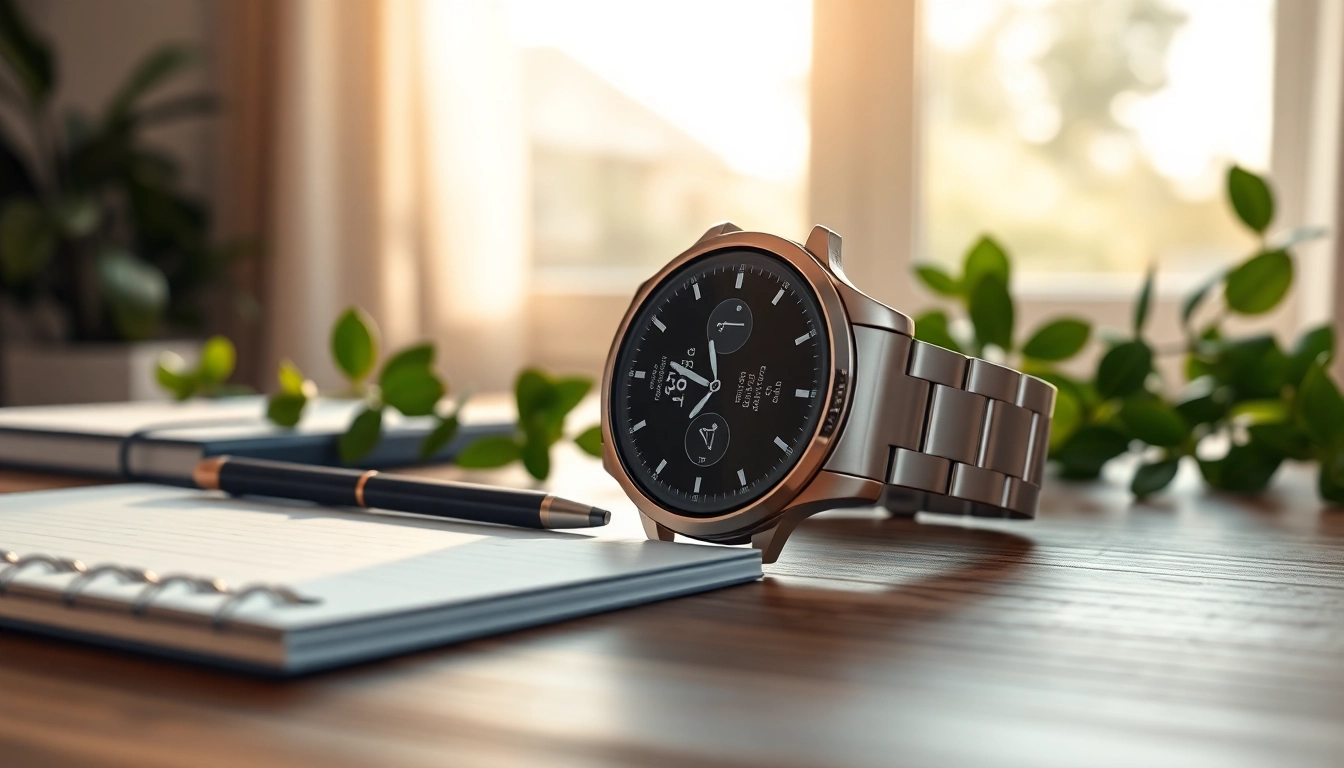 Experience the Finesse Smart Watch with a sleek design and advanced features on a wooden desk.