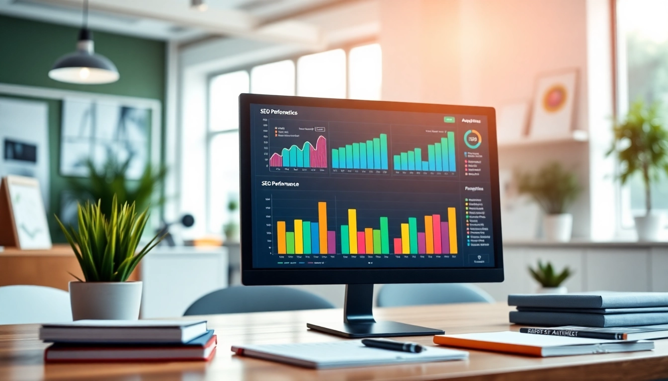 Visual representation analyzing SEO performance with data-driven metrics in a modern office.