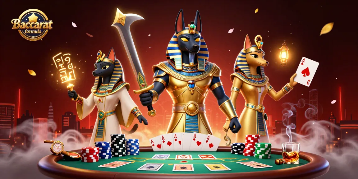Baccarat formula illustrated with Anubis and Bastet at a vibrant baccarat table surrounded by poker elements.