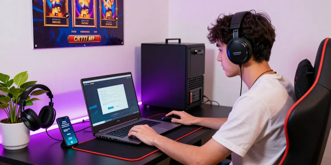 Proses instalasi apk slot CR777 dengan gamer muda di ruang bermain yang cerah dan energik.