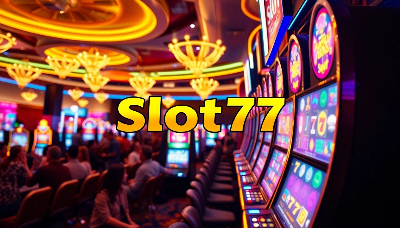 Menampilkan permainan slot entertainment Slot77 dengan mesin slot yang cerah dan pemain antusias.