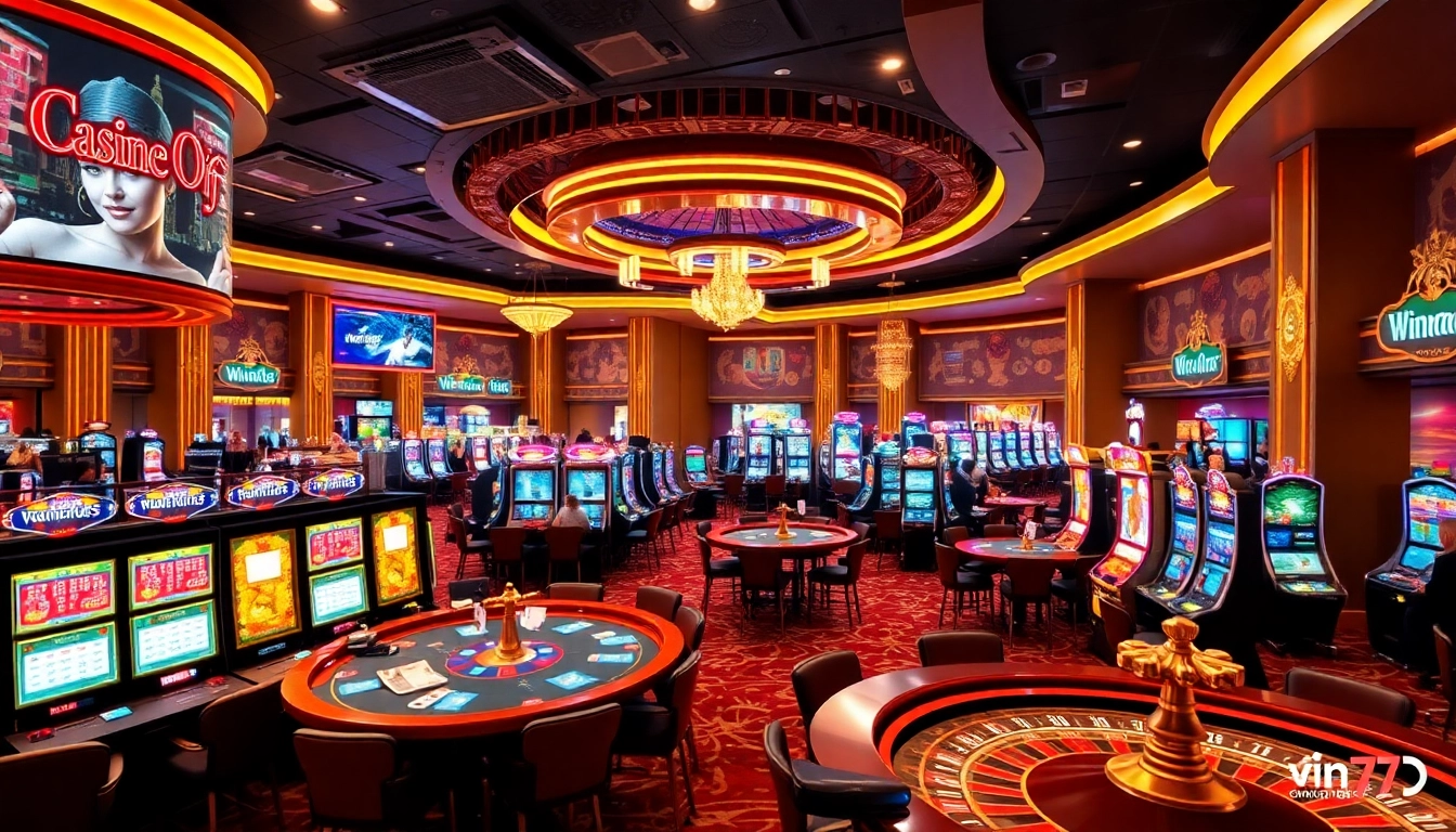 vin777 players celebrating wins at a bustling casino filled with modern slot machines and card tables.