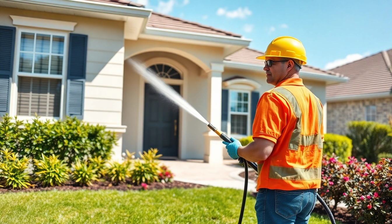 Soft wash technician cleaning a home's exterior in Kissimmee, showcasing eco-friendly pressure washing.
