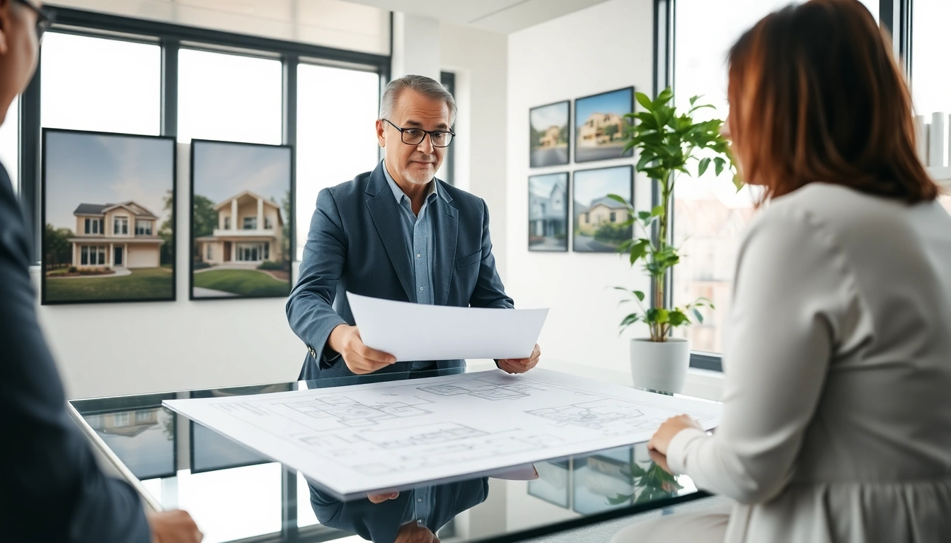Analyze real estate listings with a professional agent in an inviting office setting.