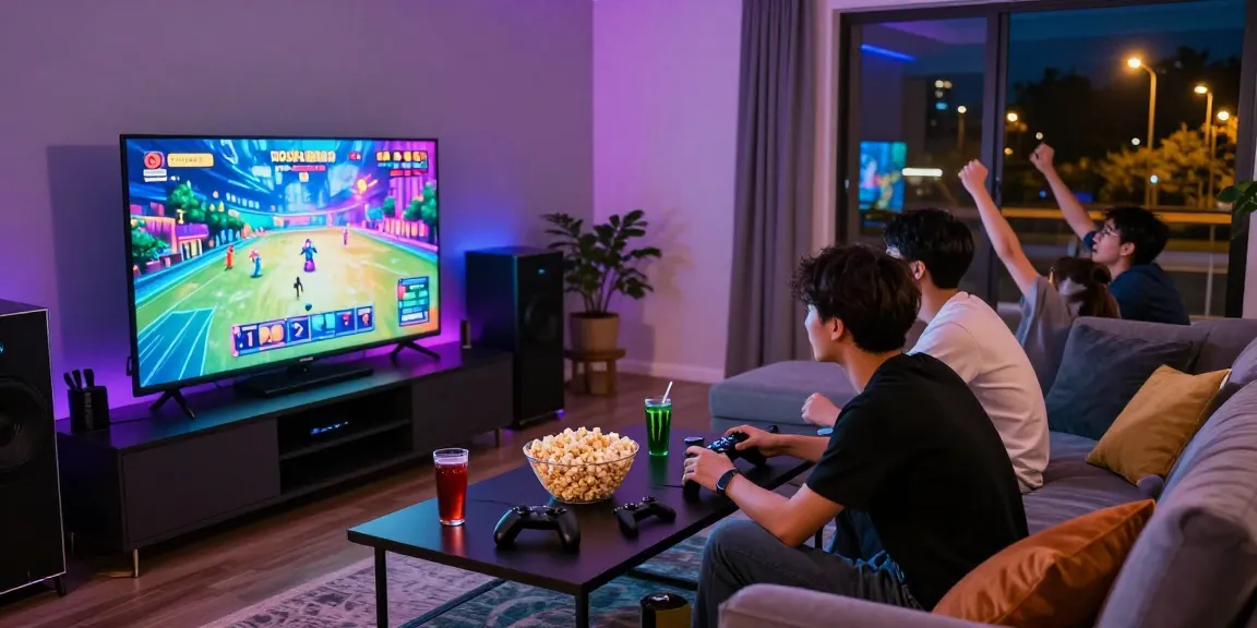 Exciting gaming night scene with friends enjoying rokok88 rtp in a stylish living room.