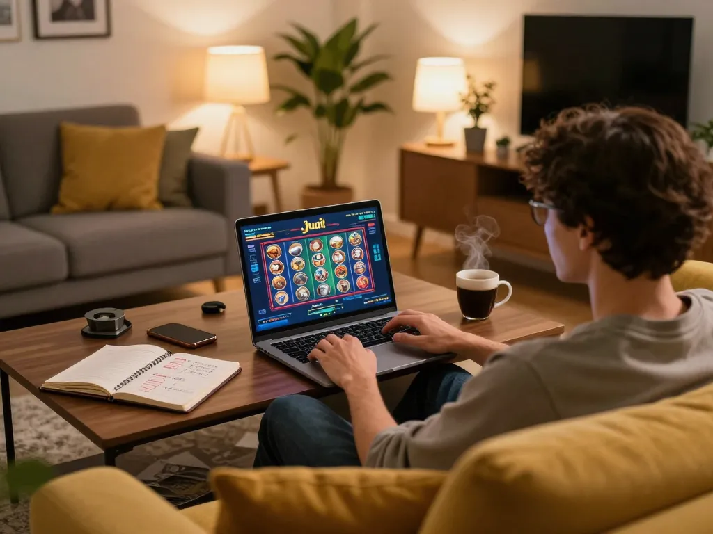Engaging in judi slot gaming on a laptop in a cozy home setup with strategic notes.