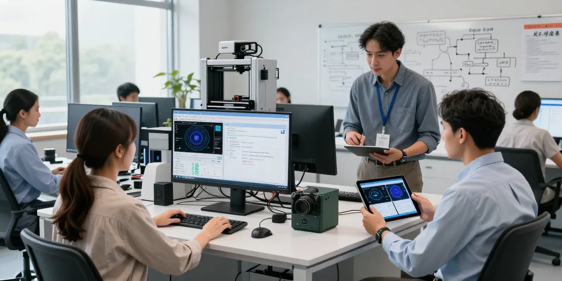 Team analyzing data with an ai image detector in a modern lab.