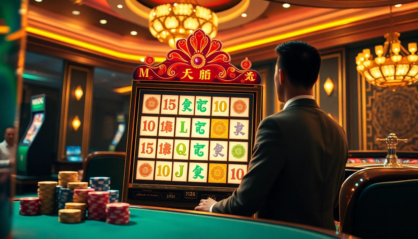 Rasakan sensasi Slot Demo Mahjong dengan para pemain yang menikmati permainan yang penuh warna di kasino mewah.