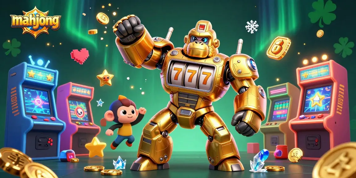 Experience the excitement of mahjong gaming as the golden gorilla mech unleashes a jackpot of coins.