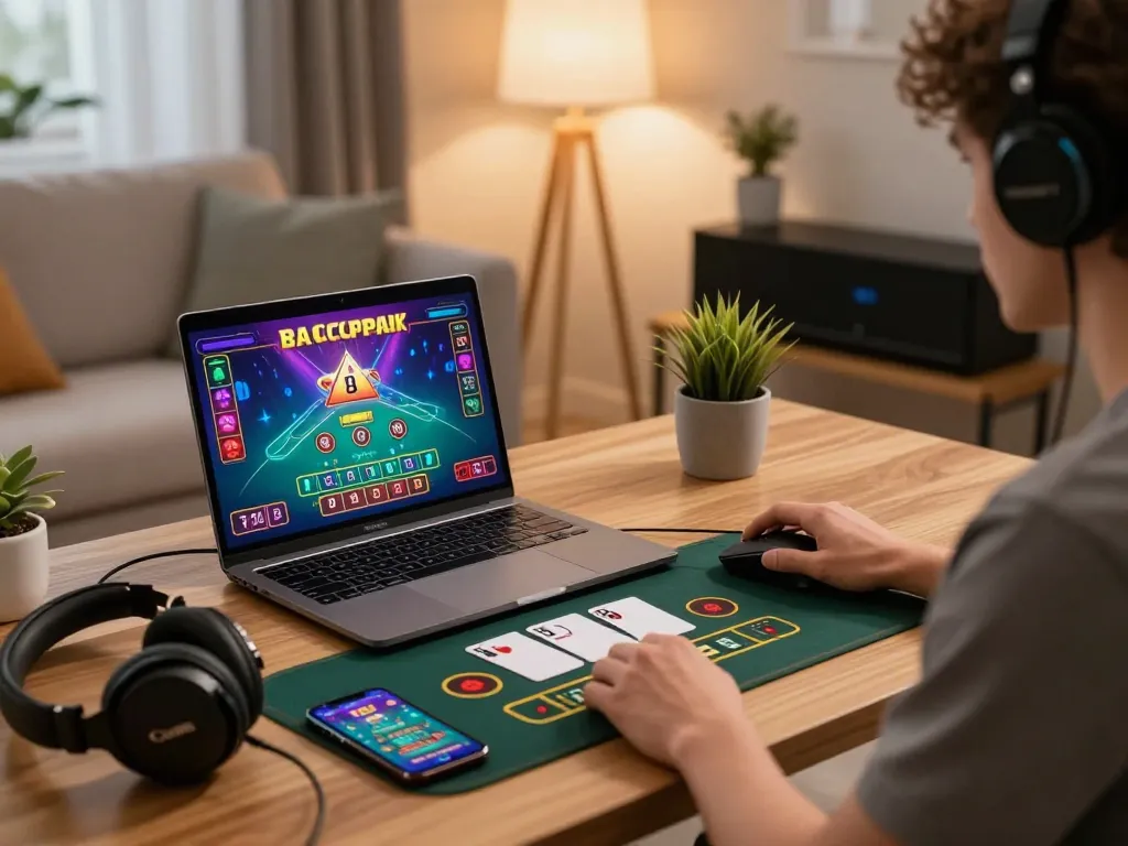 Player engaging with 바카라사이트 in a modern home gaming setup, showcasing vibrant graphics and gaming accessories, creating an immersive atmosphere.