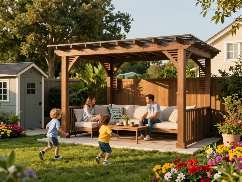 3D pergola configurator showcased in a vibrant outdoor family setting with children playing and adults relaxing.