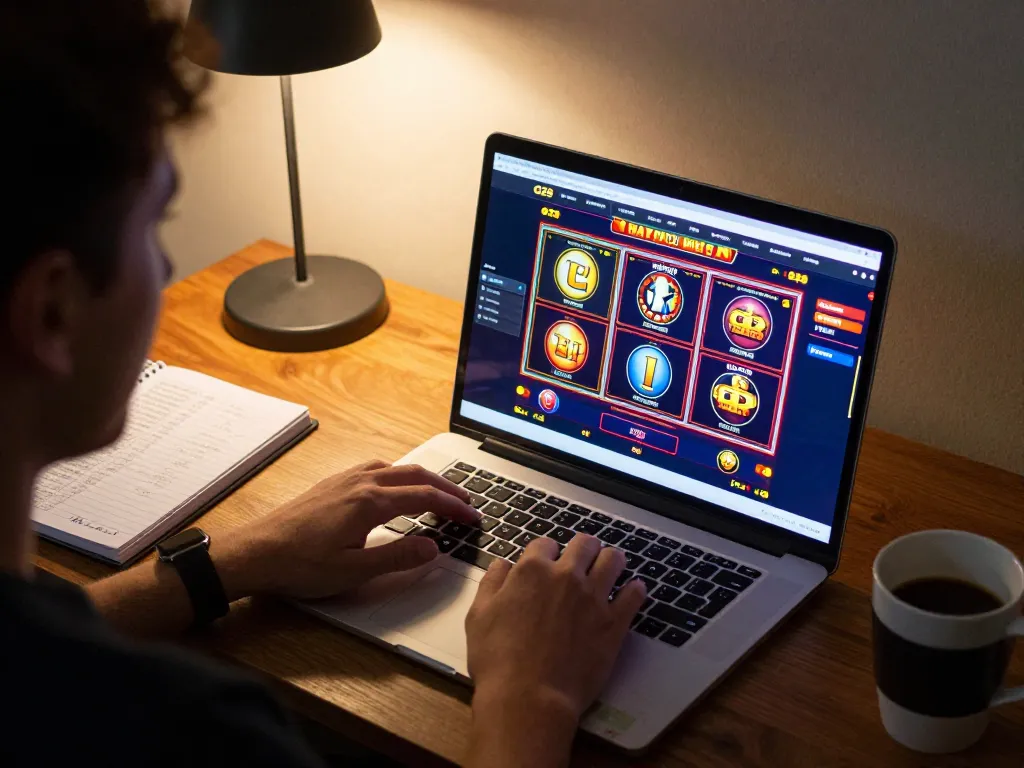 Engaged player enjoying G28 online casino games on a laptop in a cozy home setting