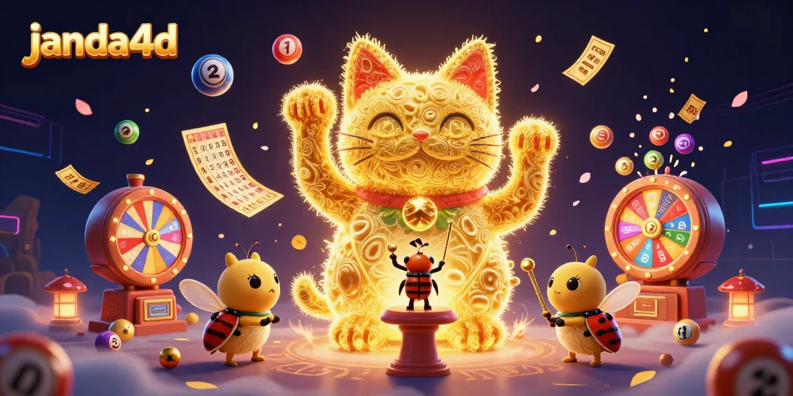 Janda4D menghadirkan suasana kasino dengan simbol keberuntungan, bola lotere, dan kartu bingo.