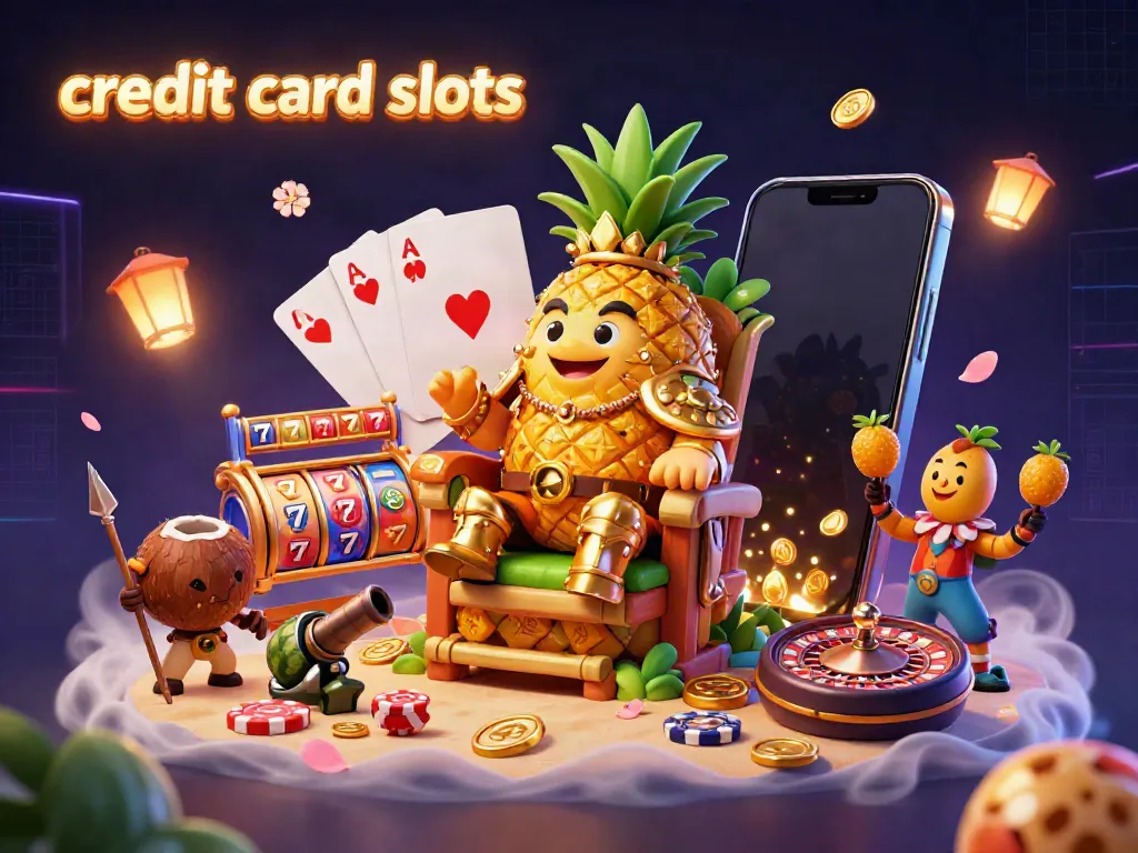 Engage with credit card slots in a vibrant 3D casino scene featuring a pineapple king and lively game elements.