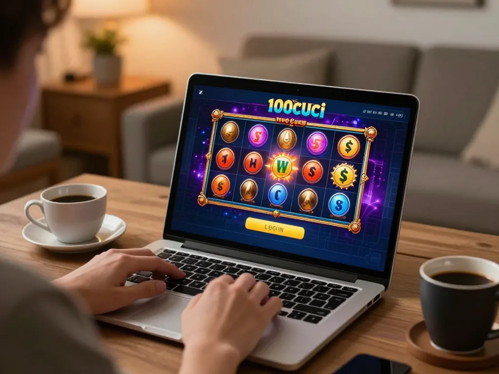 Melibatkan diri dalam dunia menarik 100cuci slot login di laptop dalam suasana rumah yang selesa.