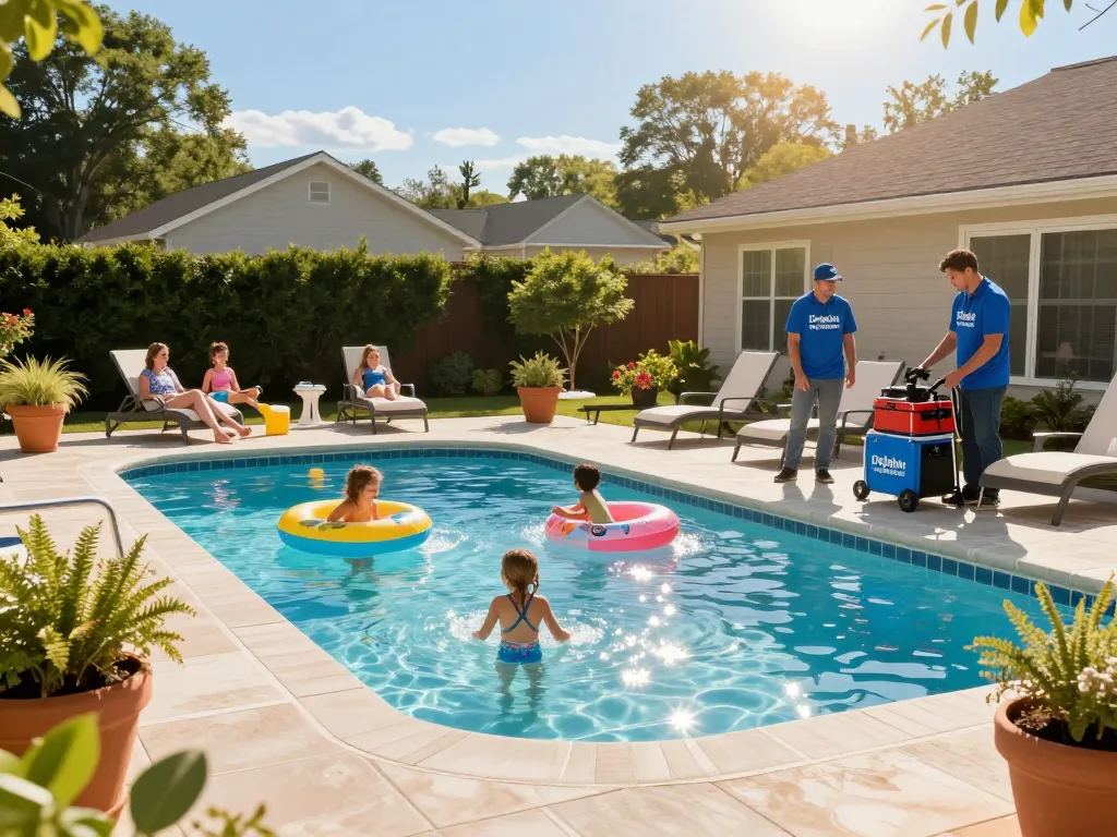 Dolphin Pool Services maintaining a sparkling pool while families enjoy the sunny backyard atmosphere in Virginia