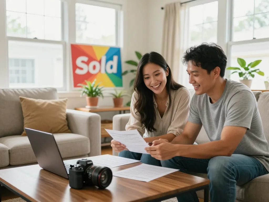 Couple smiling as they consider a cash offer to sell their house, a moment of selling with we buy houses concept.