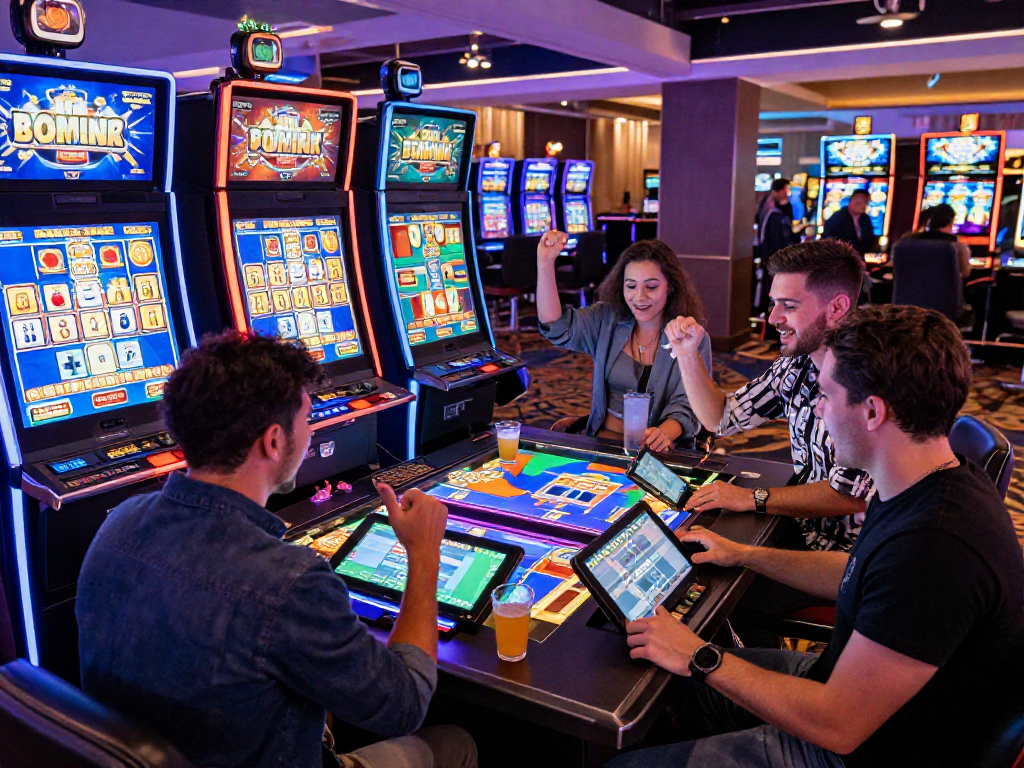 Friends celebrating fun and excitement at new slot sites with bonus buys around vibrant gaming tables.