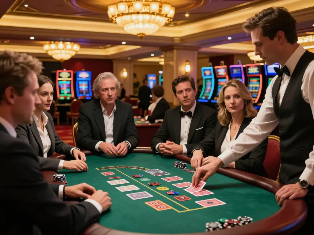 Casino non aams players strategizing at a high-stakes blackjack table in a luxurious venue.