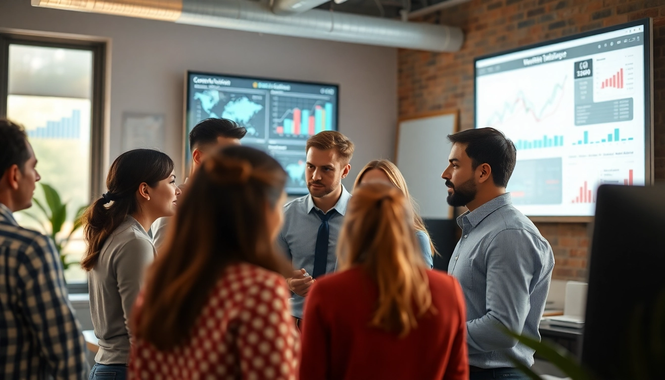 Team collaborating on competitive intelligence analysis in a bright, innovative workspace.